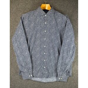 BUGATCHI Navy Blue White Hearts Classic Fit Long Sleeve Hipster Shirt Mens XXL